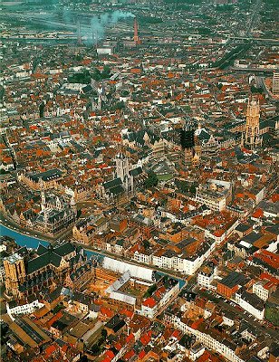 An aerial view of Ghent. Ghent was founded in the 7th century around the abbeys of Saint Baaf and Saint Peter, when it was known as Ganda.